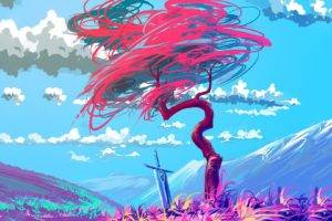 trees, Creativity, Colorful, Mountain, Clouds, Sword