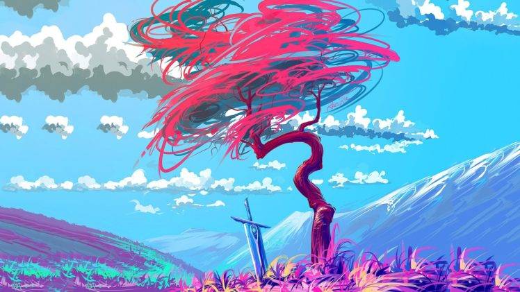 trees, Creativity, Colorful, Mountain, Clouds, Sword HD Wallpaper Desktop Background