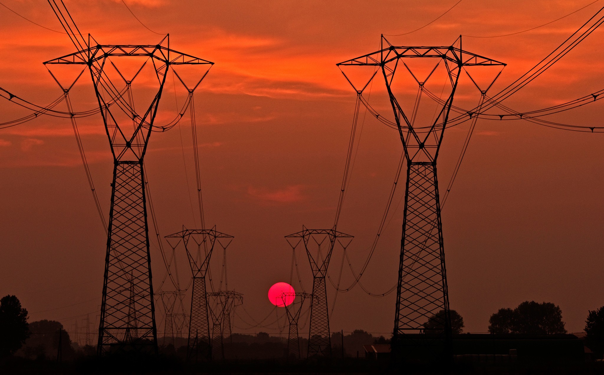 Sun, Sunset, Power lines Wallpaper