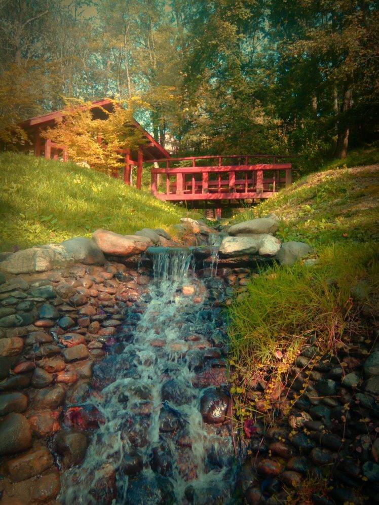 nature, Bridge, Stones, Water, Grass, Trees HD Wallpaper Desktop Background
