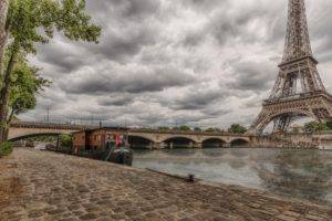 Paris, Tower, City, Eiffel Tower, HDR, Bridge, Boats, Clouds, France