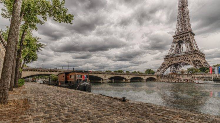 Paris, Tower, City, Eiffel Tower, HDR, Bridge, Boats, Clouds, France HD Wallpaper Desktop Background