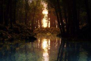 reflection, CGI, Sunset, Forest, Creeks