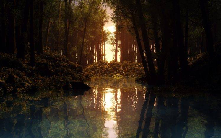 reflection, CGI, Sunset, Forest, Creeks HD Wallpaper Desktop Background
