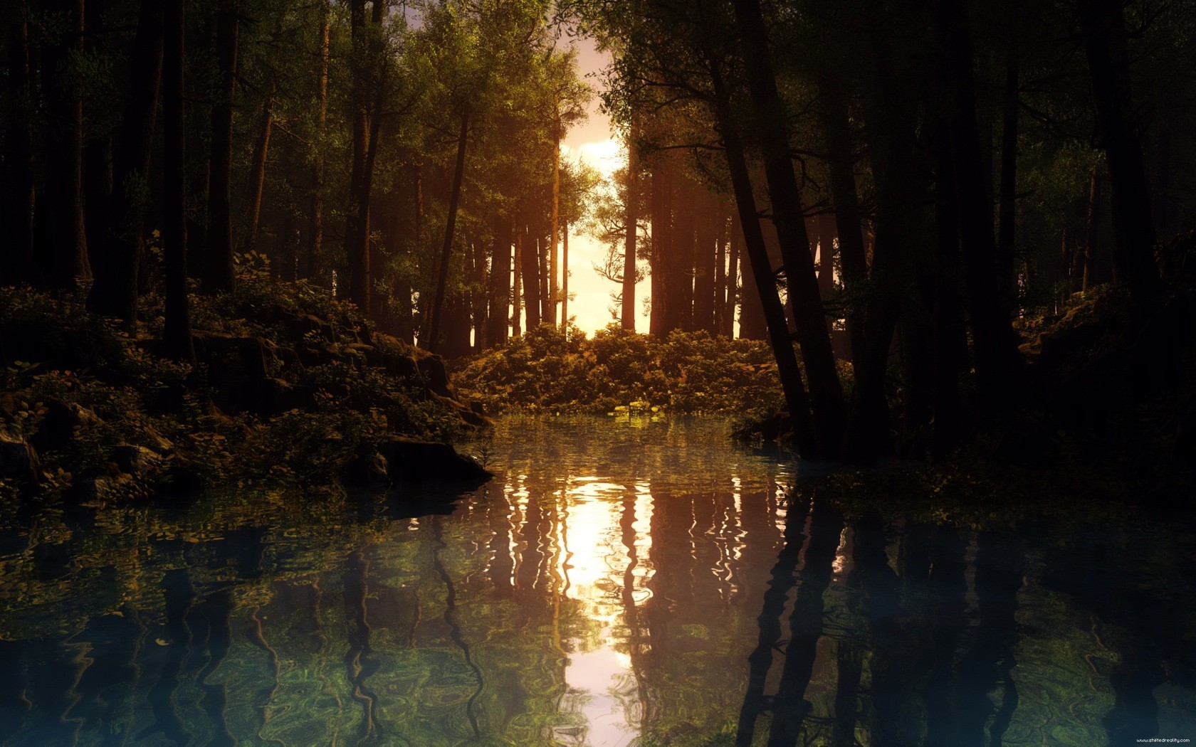 reflection, CGI, Sunset, Forest, Creeks Wallpaper