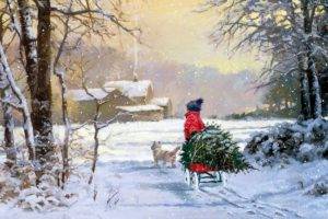 children, Artwork, Snow, Winter, Painting, Cottage, Pet, Christmas, Holiday