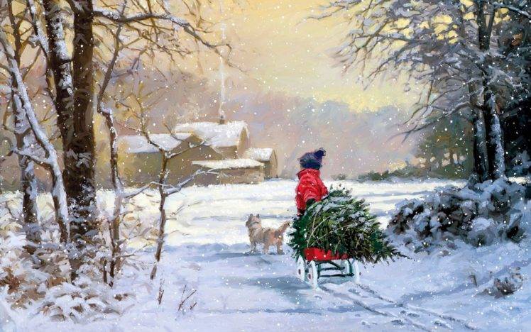 children, Artwork, Snow, Winter, Painting, Cottage, Pet, Christmas, Holiday HD Wallpaper Desktop Background