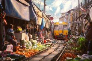 railway, Train, Diesel locomotives, Markets, People, Fruit, Vegetables, House, Bangkok, Thailand, Clouds, Satellite, Blankets, Asia, Bar