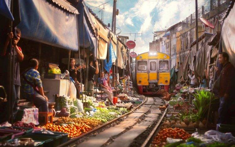railway, Train, Diesel locomotives, Markets, People, Fruit, Vegetables, House, Bangkok, Thailand, Clouds, Satellite, Blankets, Asia, Bar HD Wallpaper Desktop Background