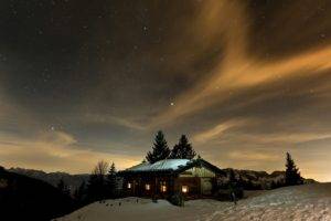house, Sky, Snow, Hut, Winter, Stars
