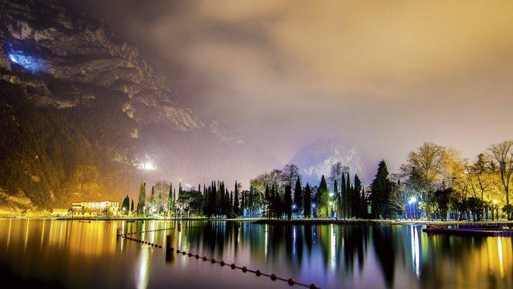 landscape, Nature, Night, Lights, Mountains, Trees, Lake HD Wallpaper Desktop Background