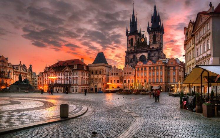 architecture, Building, Evening, Lights, City, Cityscape, Clouds, Prague, Czech Republic, House, Town square, Old building, Sunset, Cafes, People, HDR, Cathedral, Statue, History HD Wallpaper Desktop Background