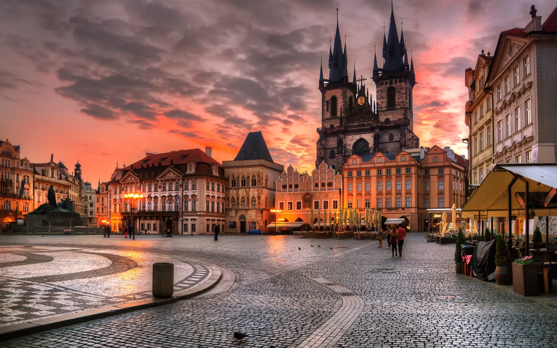 architecture, Building, Evening, Lights, City, Cityscape, Clouds, Prague, Czech Republic, House, Town square, Old building, Sunset, Cafes, People, HDR, Cathedral, Statue, History Wallpaper