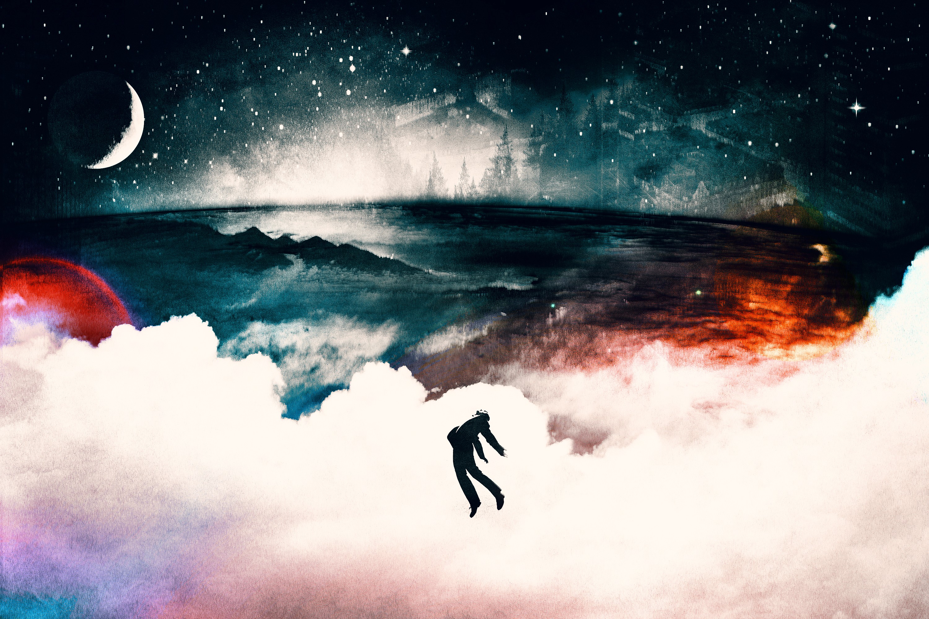Alex Cherry, Artwork, Silhouette, Moon, Clouds, Grunge Wallpaper