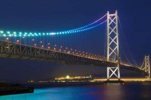 Akashi Kaikyō Bridge, Bridge, Architecture, Japan, Night, Lights, Sea