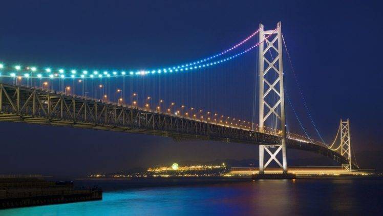 Akashi Kaikyō Bridge, Bridge, Architecture, Japan, Night, Lights, Sea HD Wallpaper Desktop Background