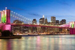 USA, New York City, Bridge, Brooklyn Bridge, Sea, Architecture, Pink, City, Cityscape