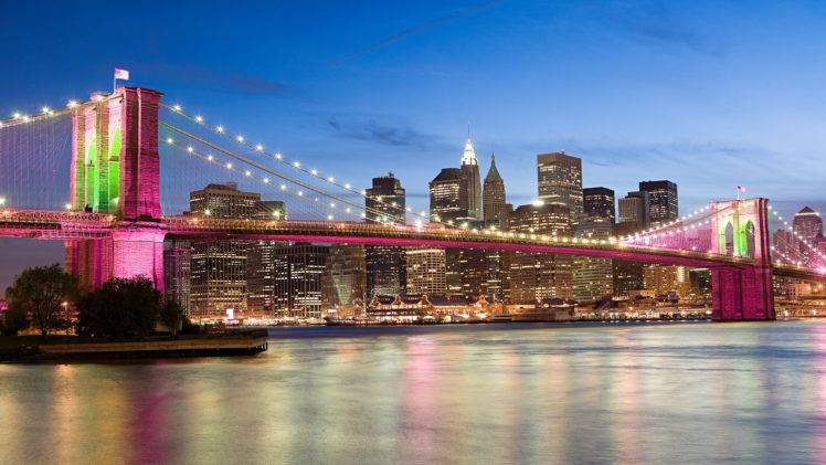 USA, New York City, Bridge, Brooklyn Bridge, Sea, Architecture, Pink, City, Cityscape HD Wallpaper Desktop Background