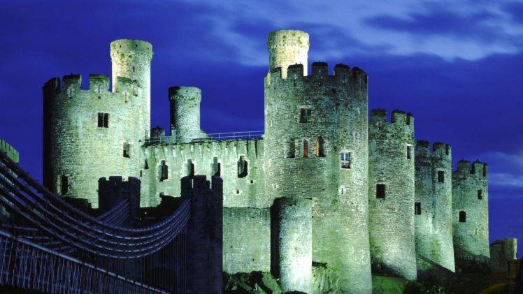 architecture, Castle, Wales, UK, Night, Tower, Bridge, Clouds, Ancient, Long exposure HD Wallpaper Desktop Background