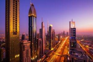 Dubai, City, Building, City lights, Sunset
