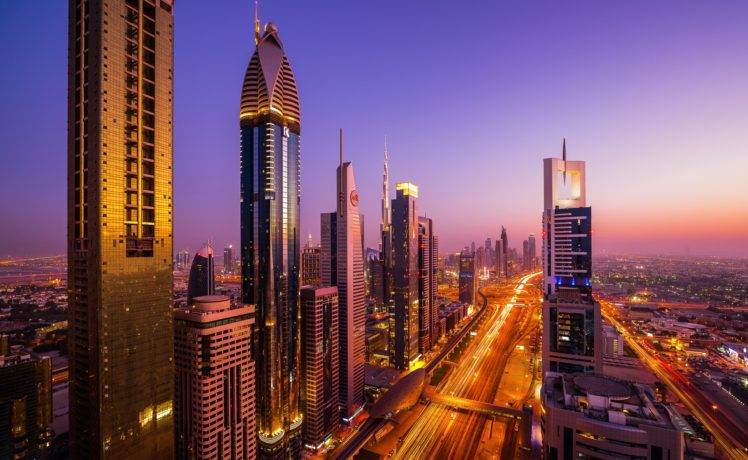 Dubai, City, Building, City lights, Sunset HD Wallpaper Desktop Background