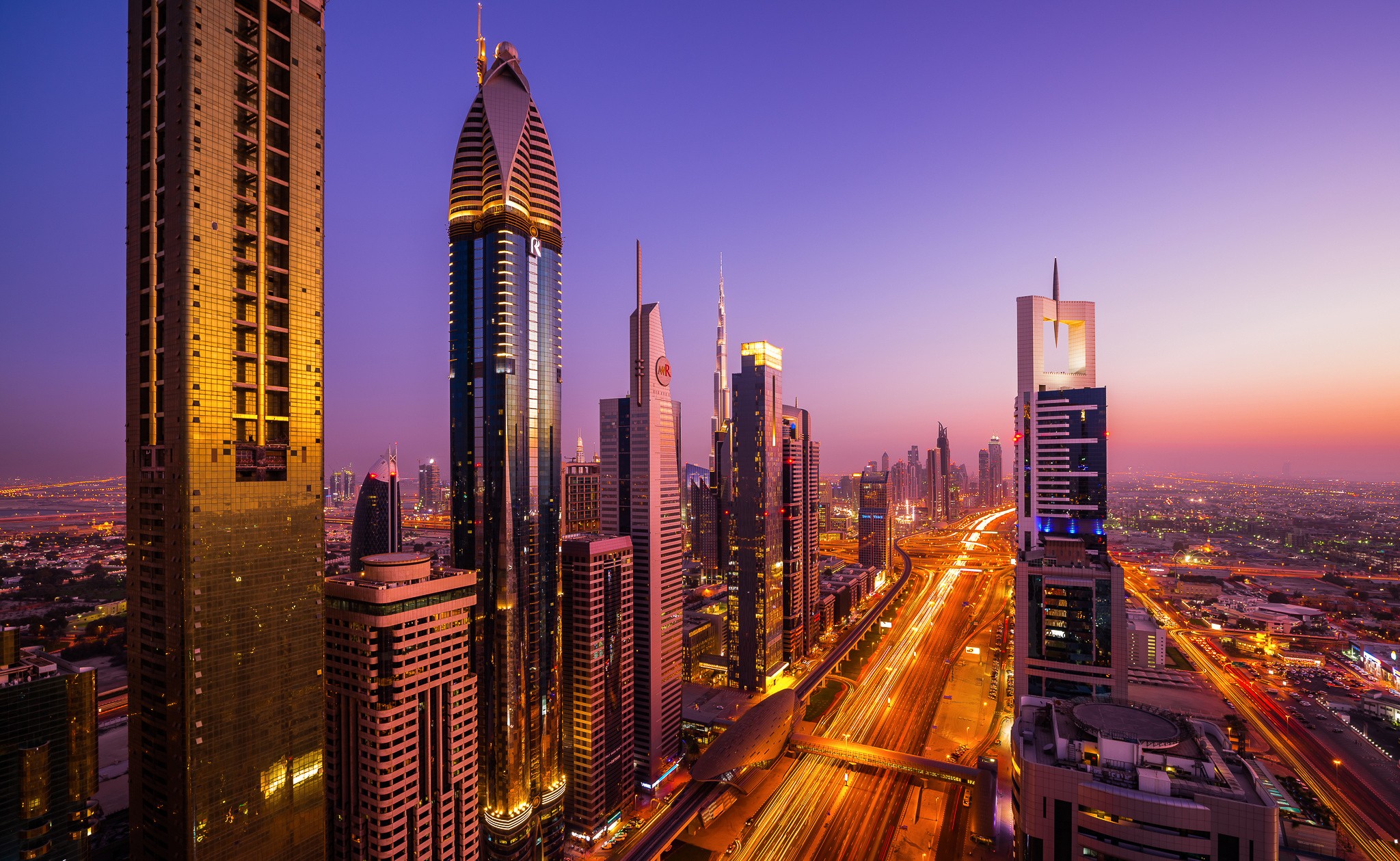 Dubai, City, Building, City lights, Sunset Wallpaper
