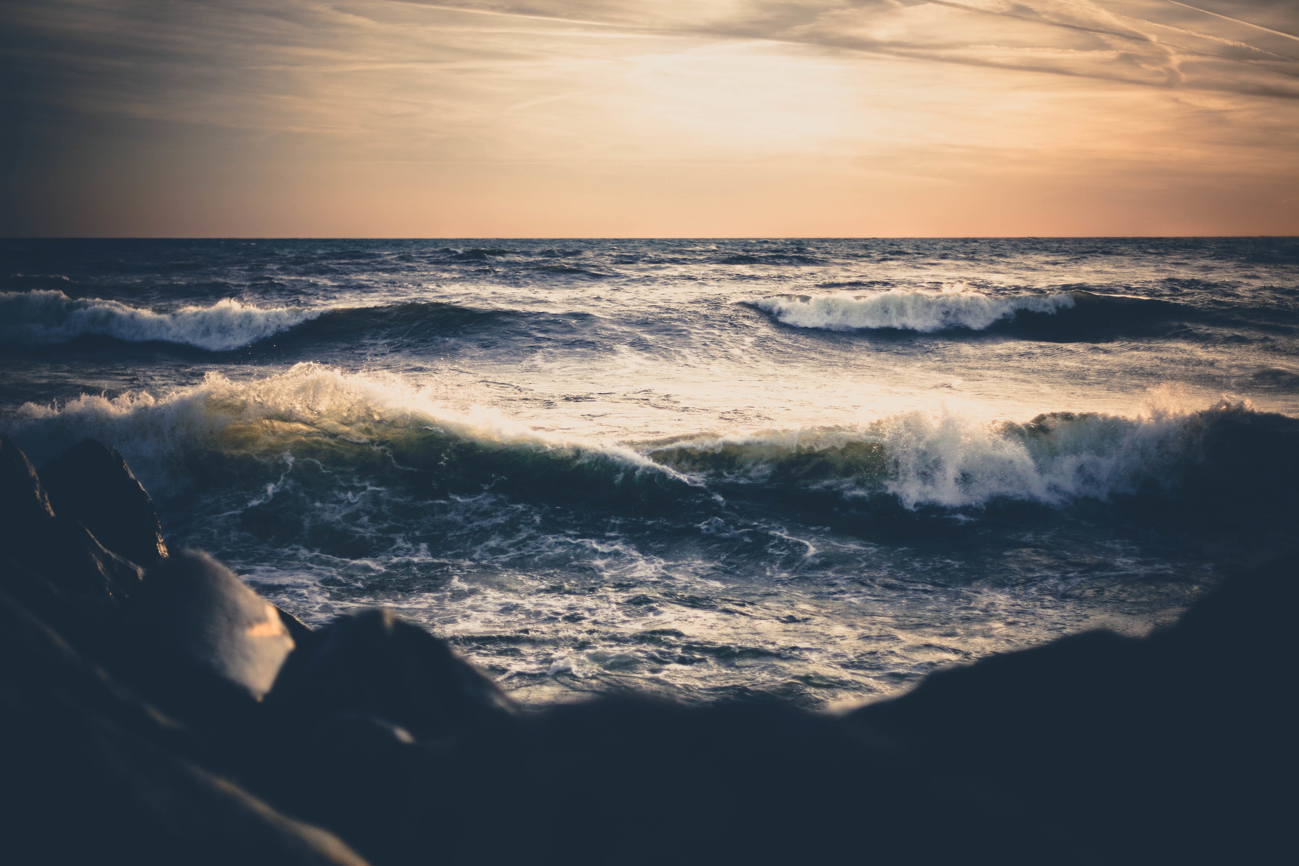waves, Sunset, Sea Wallpaper
