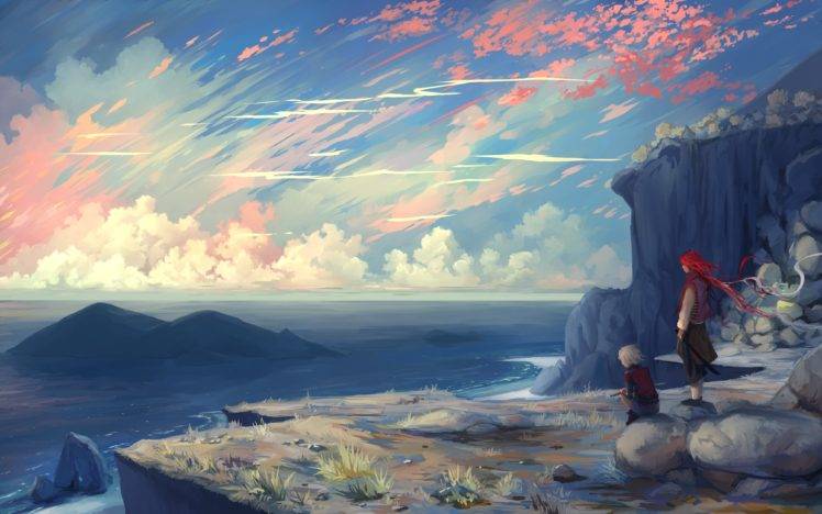 cliff, Sunrise, Clouds, Original characters HD Wallpaper Desktop Background