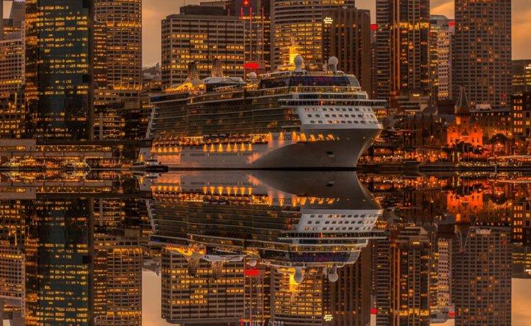 city, Cityscape, Ship, Cruise ship, Reflection, Sea, Water, Lights HD Wallpaper Desktop Background