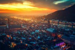 cityscape, River, Castle, Mountains, Sunlight, Sky lanterns, Germany, Heidelberg, Landscape, City, Sunset