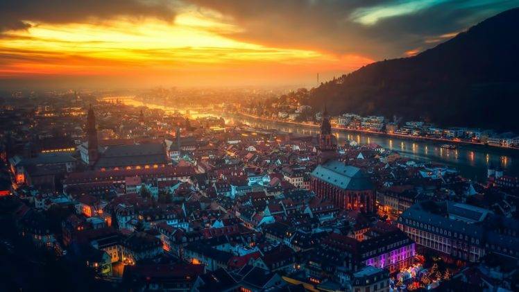 cityscape, River, Castle, Mountains, Sunlight, Sky lanterns, Germany, Heidelberg, Landscape, City, Sunset HD Wallpaper Desktop Background
