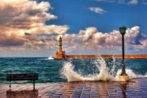 nature, Architecture, Landscape, Sea, Waves, Lighthouse, Clouds, Greece, Bench, Lamp, Horizon, Crete, Coast, Sky