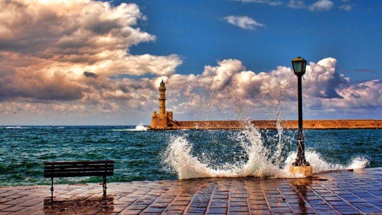 nature, Architecture, Landscape, Sea, Waves, Lighthouse, Clouds, Greece, Bench, Lamp, Horizon, Crete, Coast, Sky HD Wallpaper Desktop Background