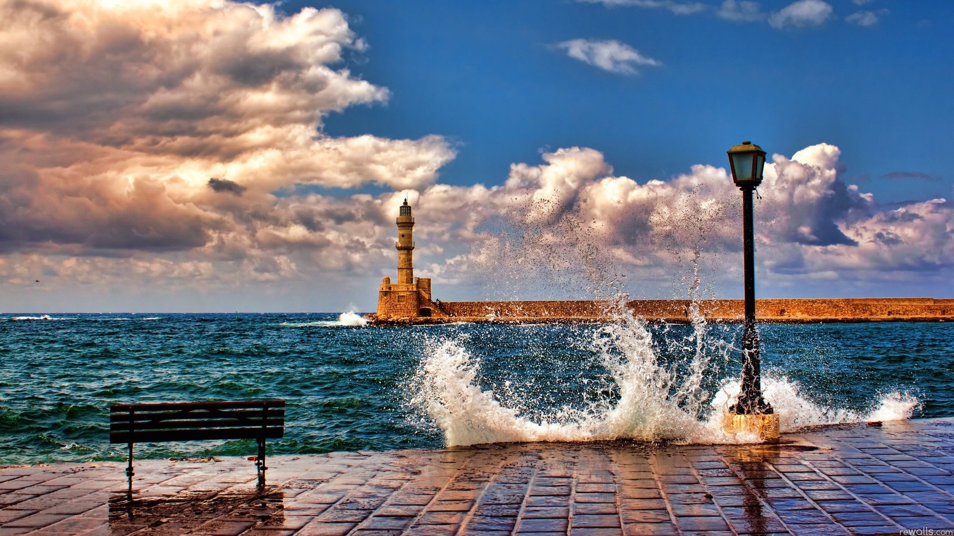 nature, Architecture, Landscape, Sea, Waves, Lighthouse, Clouds, Greece, Bench, Lamp, Horizon, Crete, Coast, Sky Wallpaper