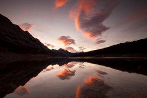 reflection, Clouds, Mountain