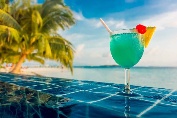 cocktails, Sea, Swimming pool, Palm trees, Tropical HD Wallpaper Desktop Background