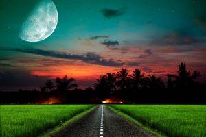sunset, Road, Moon