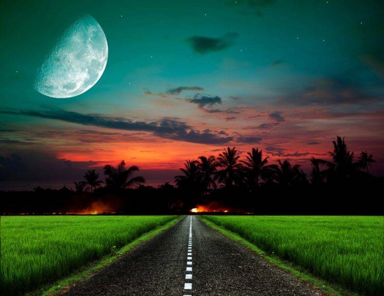 sunset, Road, Moon HD Wallpaper Desktop Background