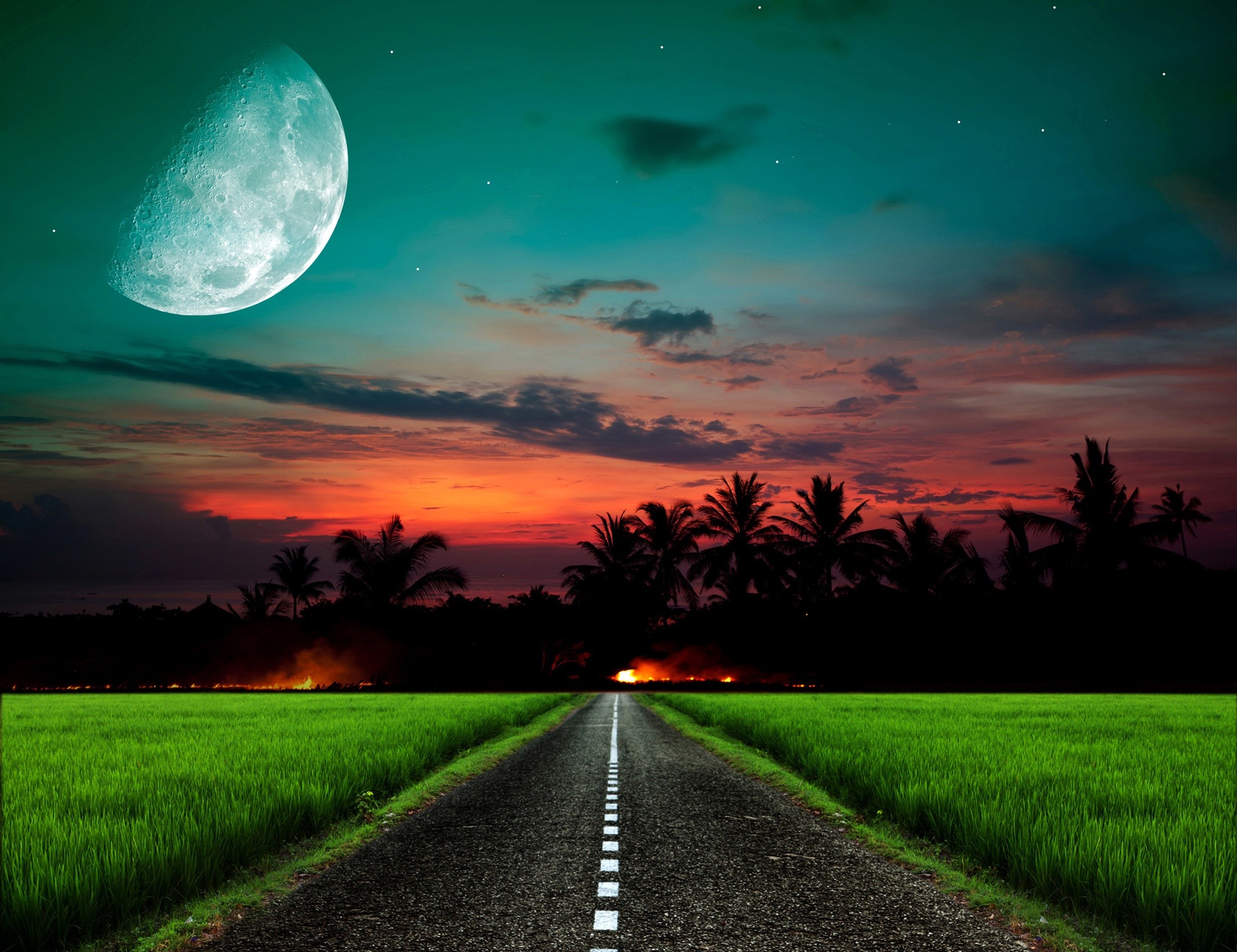 sunset, Road, Moon Wallpaper