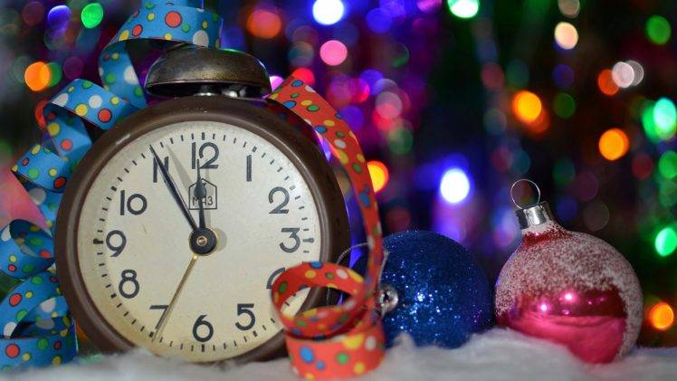 clocks, Christmas, Lights, Bokeh, Depth of field, Ribbon, Christmas ornaments, Winter, Snow, Colorful HD Wallpaper Desktop Background