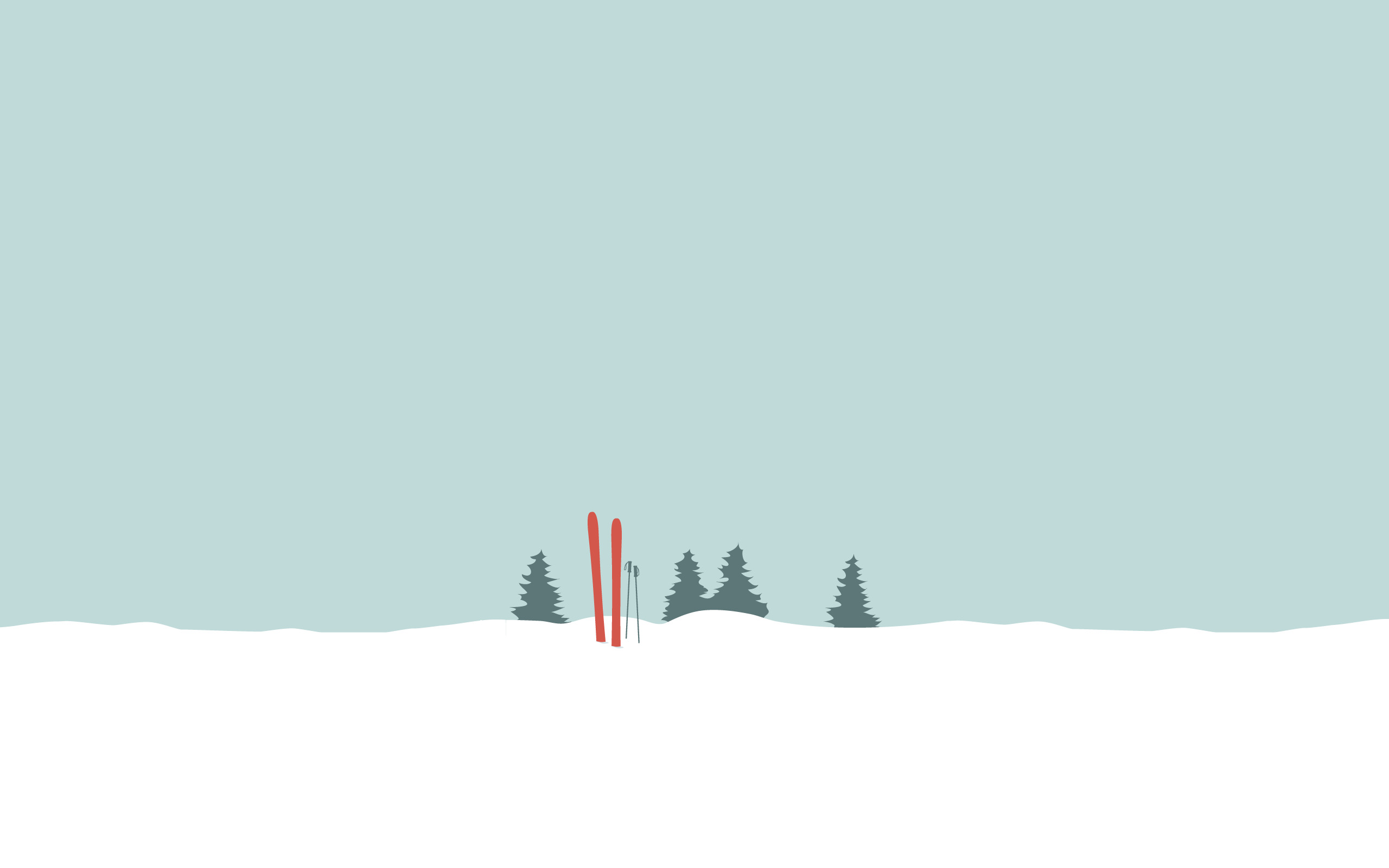 winter, Snow, Pine trees, Skis, Minimalism Wallpaper