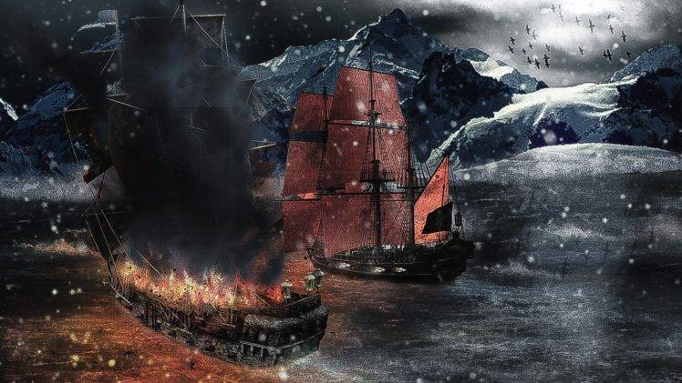 pirates, Ship, Snow, Sea, Mountain HD Wallpaper Desktop Background