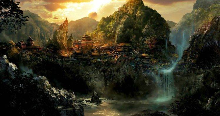 city, Mountain, Sky, Heroic fantasy HD Wallpaper Desktop Background