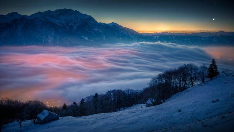 sunrise, Mist, Winter HD Wallpaper Desktop Background