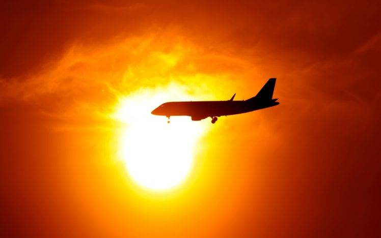 photography, Sunset, Clouds, Airplane, Aircraft, Sun, Silhouette HD Wallpaper Desktop Background