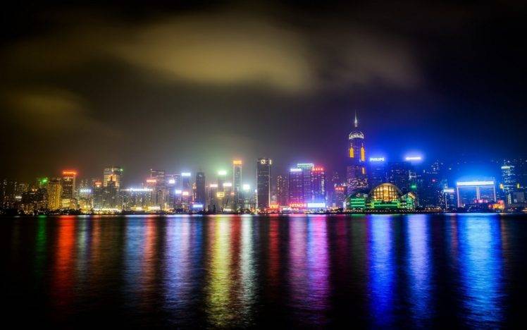 photography, Urban, City, Building, Cityscape, Night, Lights, City lights, Street light, Water, Sea, Reflection, Clouds, Hong Kong HD Wallpaper Desktop Background