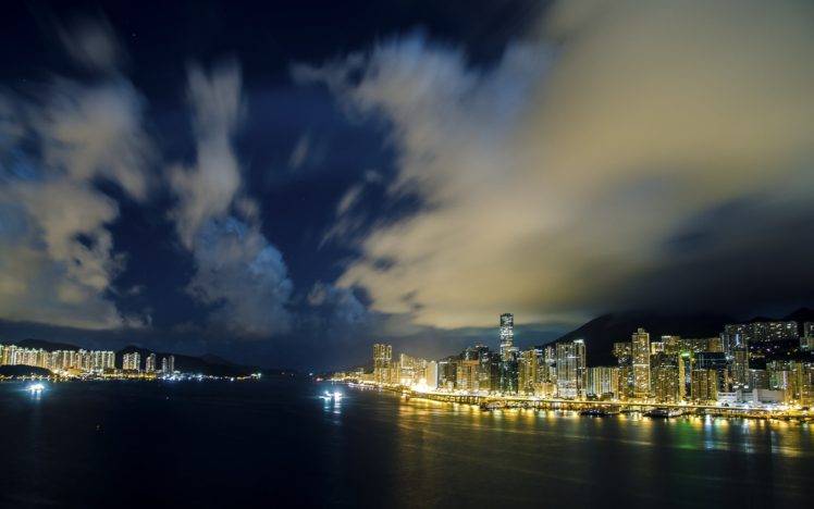 photography, City, Cityscape, Building, Urban, Road, Night, Clouds, Lights, Hong Kong HD Wallpaper Desktop Background