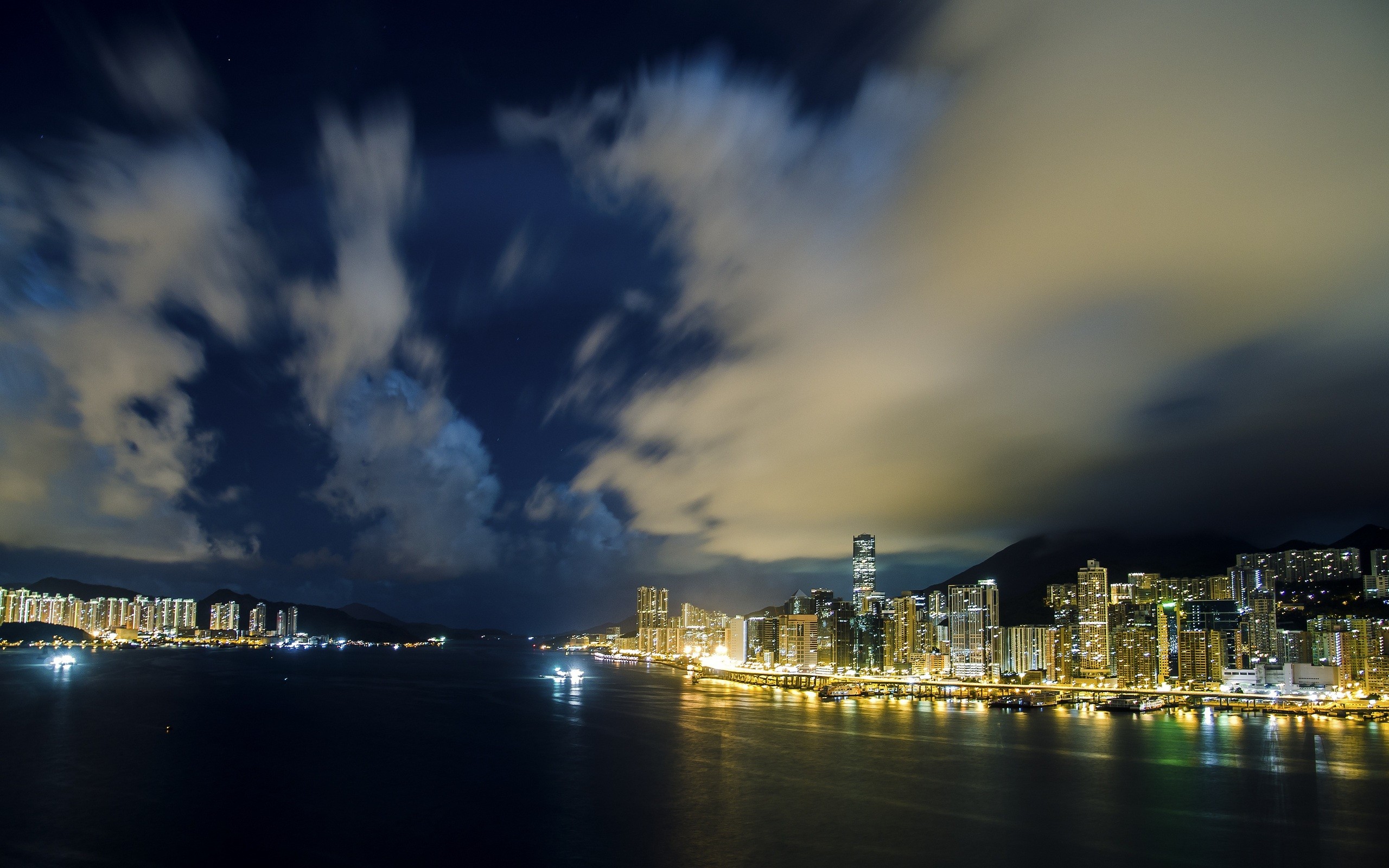photography, City, Cityscape, Building, Urban, Road, Night, Clouds, Lights, Hong Kong Wallpaper