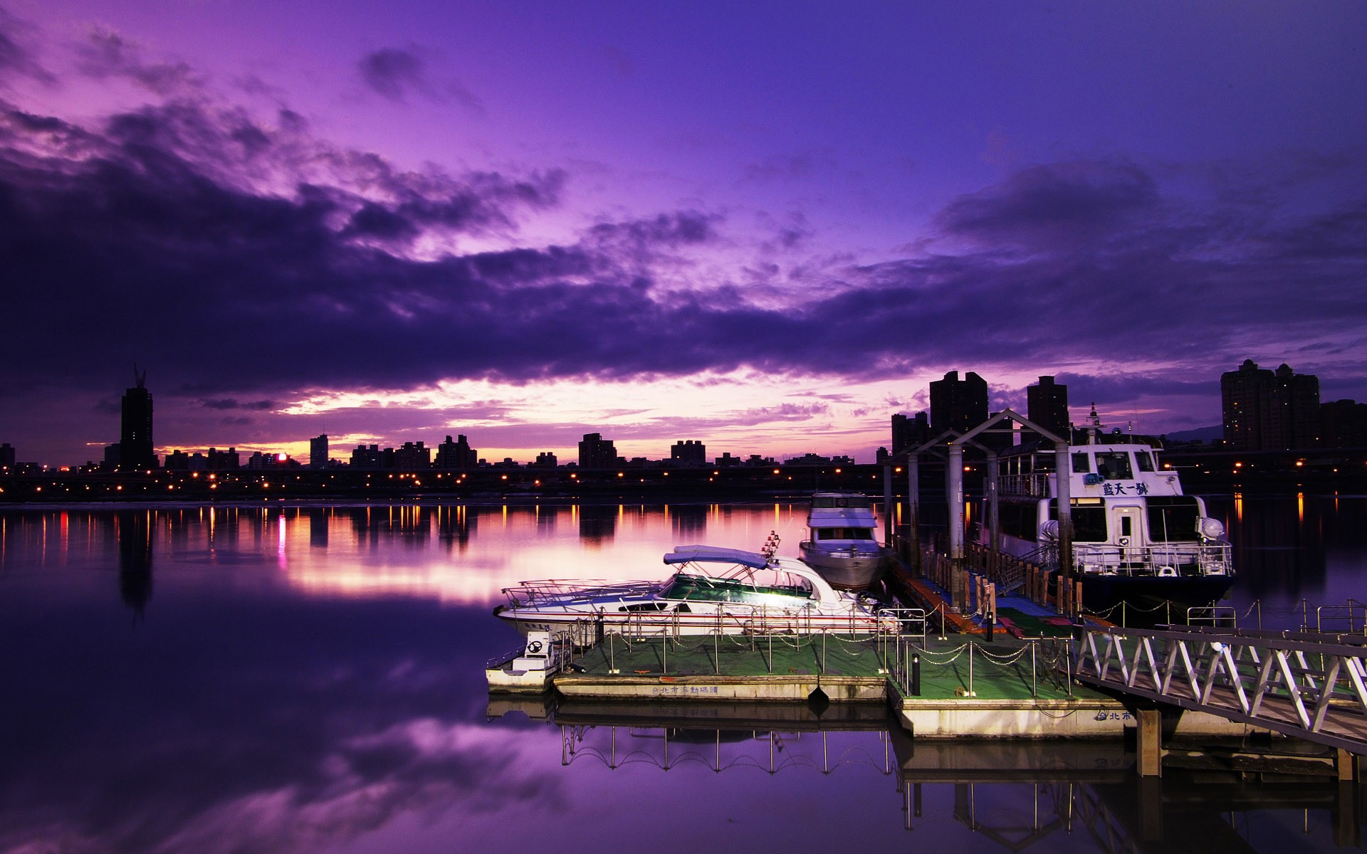 photography, Dusk, Urban, Cityscape, City, Harbor, Ports, Reflection, Ship, Taiwan, Clouds Wallpaper