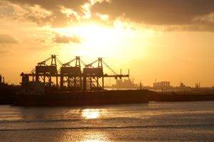 photography, Industrial, Cranes (machine), Sunset, Harbor, Sea, Water, Ship, Ports